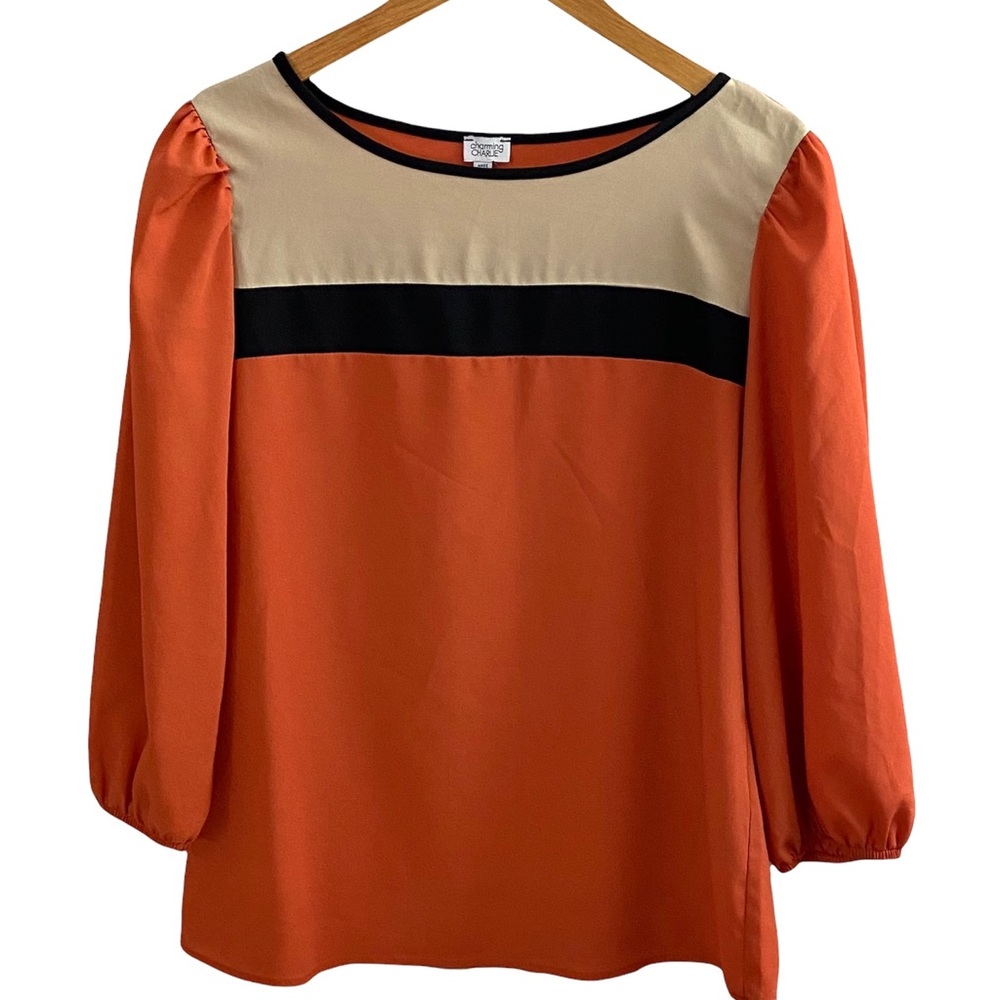CHARMING CHARLIE Colorblock Orange Tan Black Multicolored Blouse Top